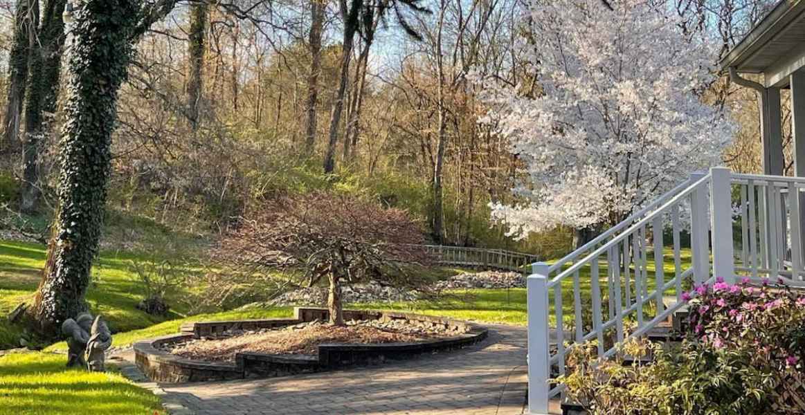 Sculptures adorn the landscaping